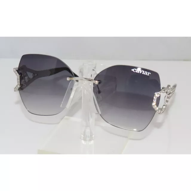 New Caviar Cat Eye M6883 C35 Black & Silver Sunglasses w/ Swarovski Crystals