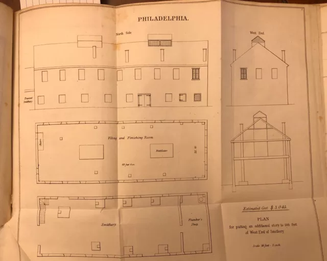 1848 Drawing: Plan For US Navy Philadelphia, PA Addition To Smithery - Antique