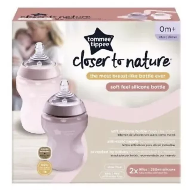 NEW Tommee Tippee Closer to Nature 9oz Anti-Colic 0m+  2 Bottle Set Pink/Purple