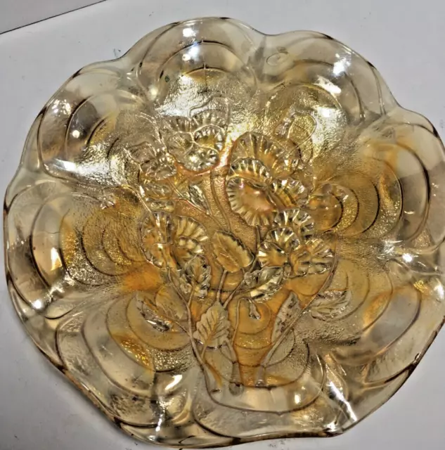 Antique Imperial Carnival Glass Marigold Pansy and Arc Pattern Ruffled Bowl 9in