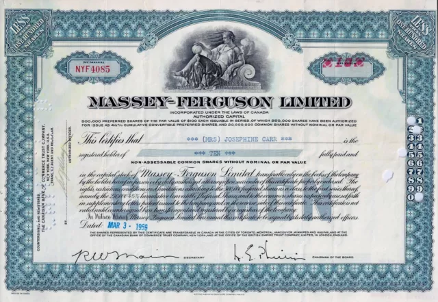 Canada - Massey - Ferguson Limited 1959 (10 Shares) ganz alte Vignette