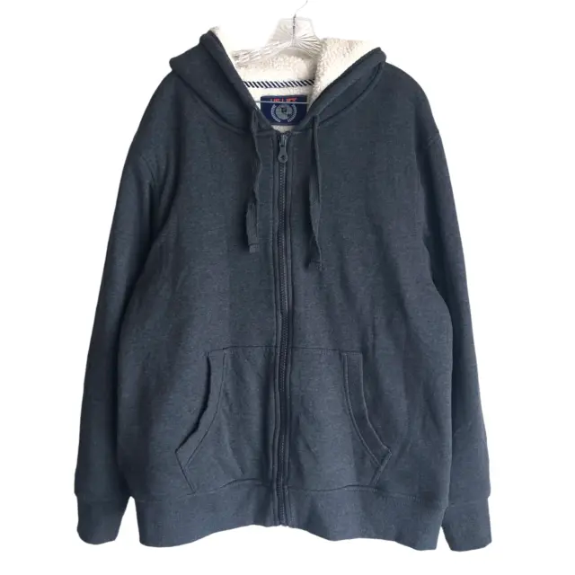 US Life Men's Hoodie Jacket XL Faux Fur Sherpa Lined Gray Cotton Fleece Full Zip