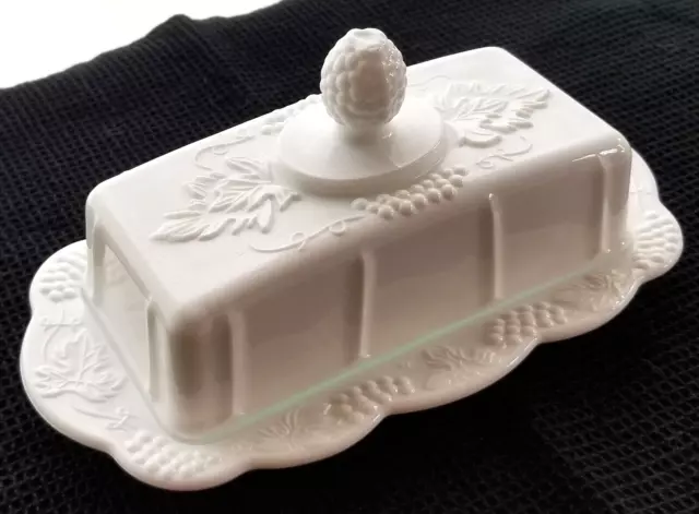 Indiana Colony Milk Glass Opaque White Harvest Grape Butter Dish & Cover