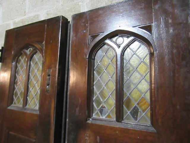 ~ Antique Gothic Oak Double Entrance French Doors With Stained Glass ~ 55 X 84 10