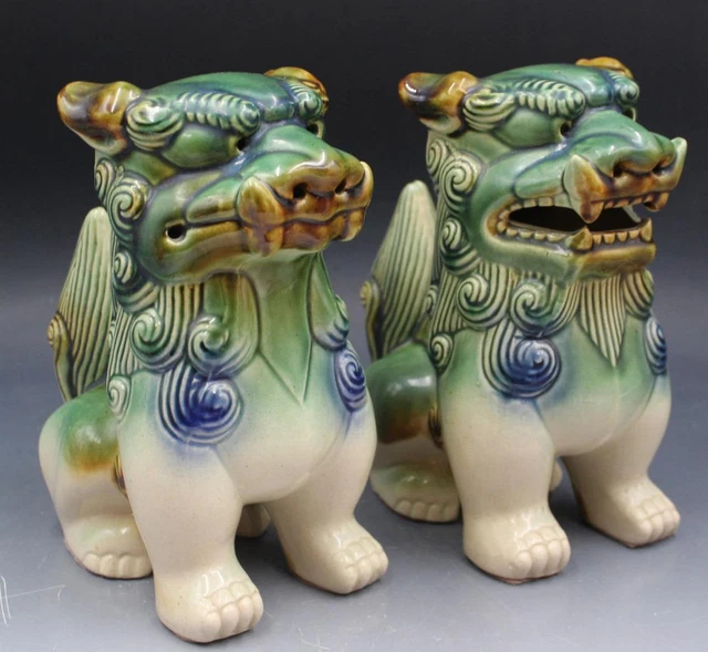 Vintage Pair Large Chinese Porcelain Foo Dog Statues Figurines Green Glaze