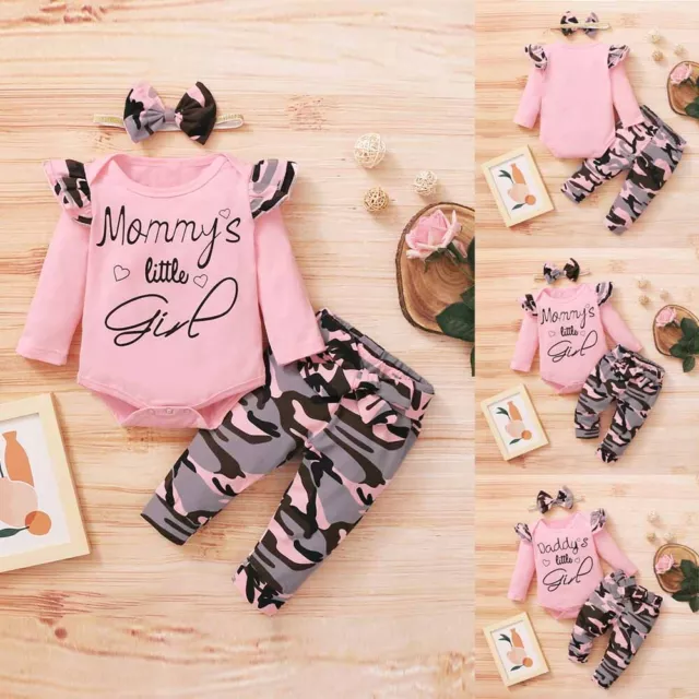 Newborn Baby Girl 3PCS Bodysuit Romper Pants Headband Set Infant Outfits Clothes