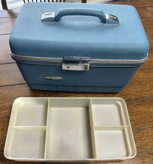 Vintage Sears Forecast Blue Train Travel Makeup Case Luggage Mid Century Bag