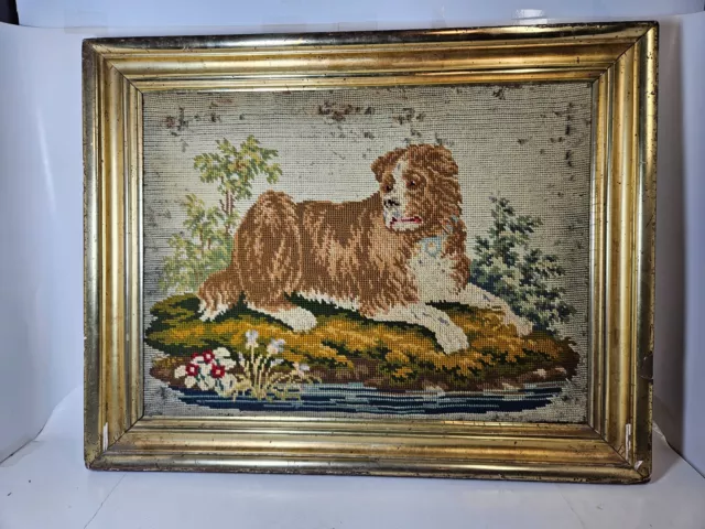 ANTIQUE PRIMATIVE NEEDLEPOINT-DOG-FRAMED-1860? 18x22in-NR