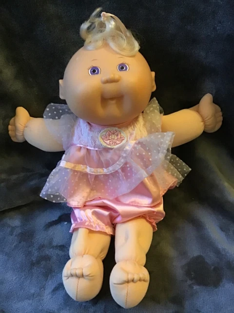 Bambola Cabbage Patch Bambino Bambino Abito Rosa Occhi Lilla Capelli Biondi Vintage