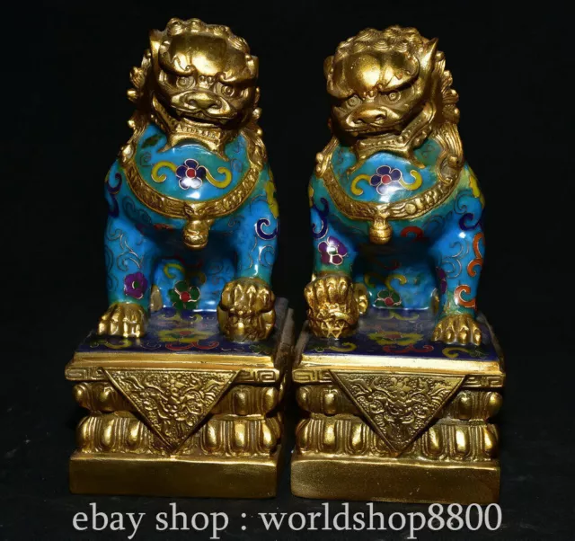 8.4" Old Chinese Cloisonne Enamel Gilt Dynasty Door lion Statue Pair