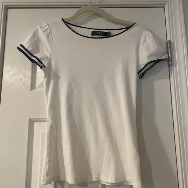 Lauren Ralph Lauren Women's White Cotton Ruffle Short Sleeve Tee Medium