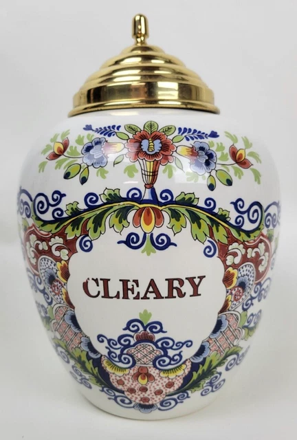 maryland tobacco jar VINTAGE ROYAL GOEDEWAAGEN Delft Cleary Tobacco Jar Apothecary w Brass Lid  11.5