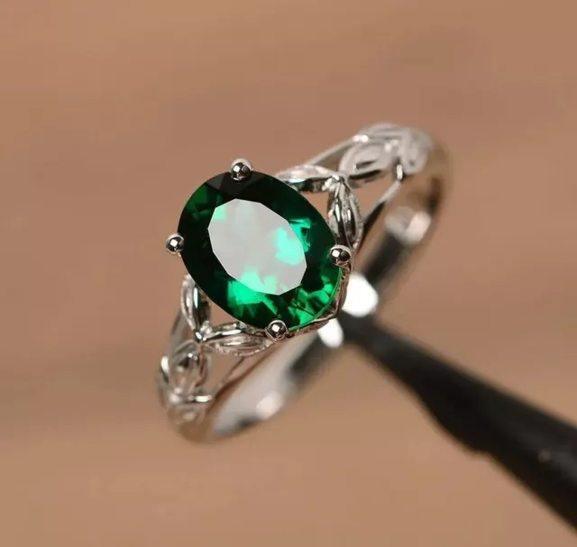 Green Emerald Ring Solid 925 Sterling Silver Lab Created Oval Cut Gemstone Ring