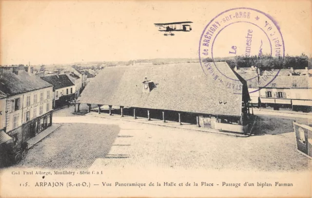 Cpa 91 Arpajon / Panoramic View Of The Hall And Place / Far Biplane Passage