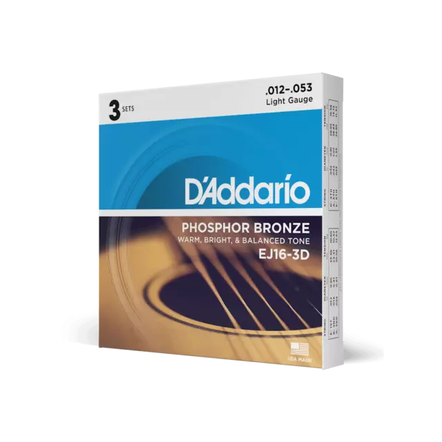 Acoustic Strings (3 Sets), By D'Addario EJ163D Phosphor Bronze Light Gauge 12/53