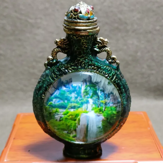 Beautiful art copper Double dragon ear landscape noctilucent snuff bottle