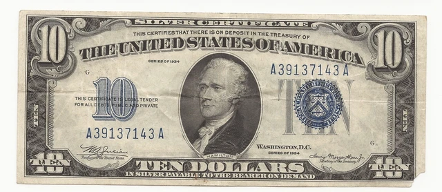 1934 $10 Dollar Bill Silver Certificate Note 143A-RCM