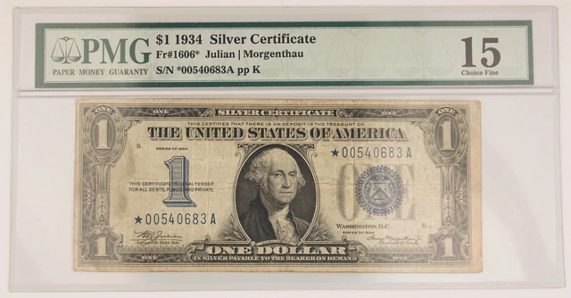 1934 $1 Dollar Silver Certificate Star Note Funnyback Fr1606* PMG Choice Fine 15