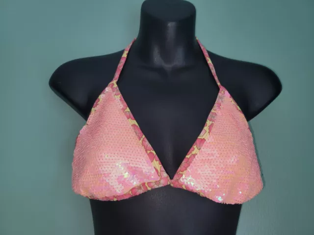 Victoria Secret Pink Yellow Sequin Triangle Halter Swimsuit Swim Bikini Top L