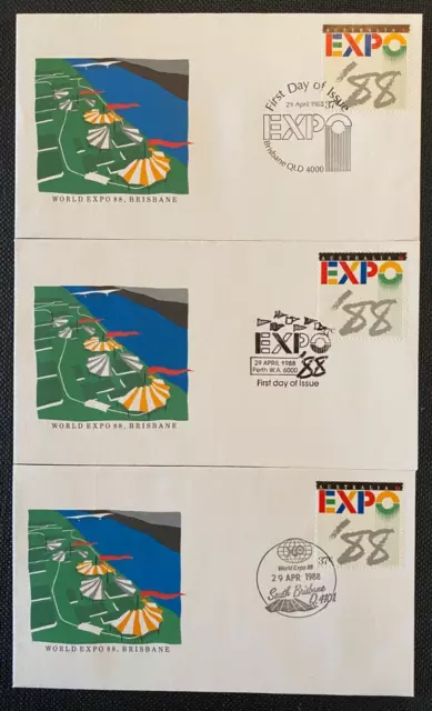 3 x 1988 World Expo 88 Brisbane FDC With Different FDI Pictorial Postmarks