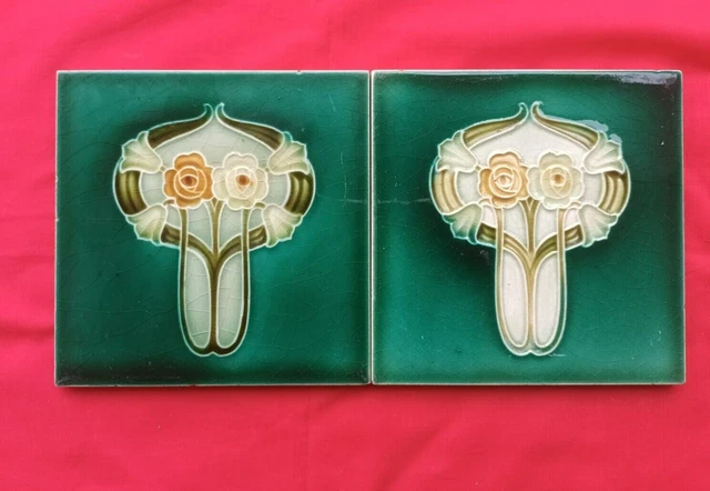 2 Piece Old Art Floral Design Embossed Majolica ceramic Tiles England 0188