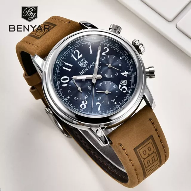 BENYAR New Men Watch Leather Strap Luxury Waterproof Sport Chronograph Watches