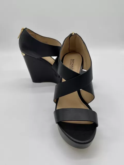 MICHAEL KORS Elena Leather Wedge Sandal Heels - Black (Size 6 Women’s)