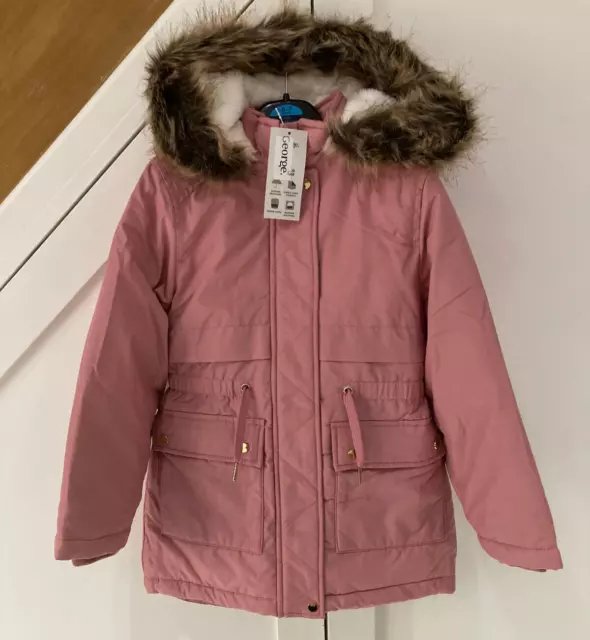 Girls Age 6 - 7 Pink Parka Winter Coat Jacket Faux Fur Lined Hood Warm Padded