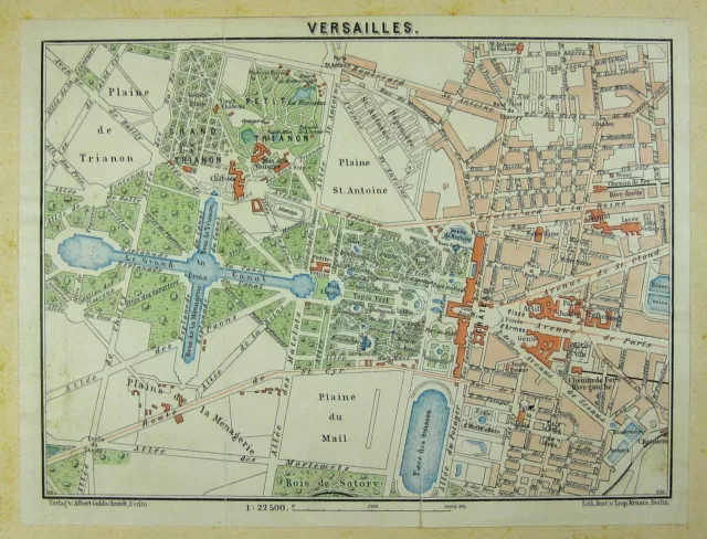 VERSAILLES, alter farbiger Stadtplan, gedruckt ca. 1900