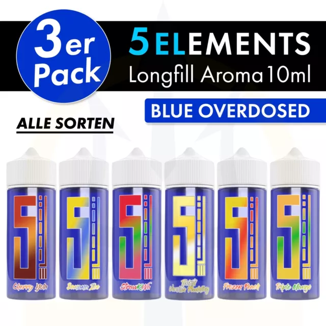 3x 5 Elements Blue Overdosed Longfill Aroma 5EL ⭐ á 10ml in 120ml-Liquid-Flasche