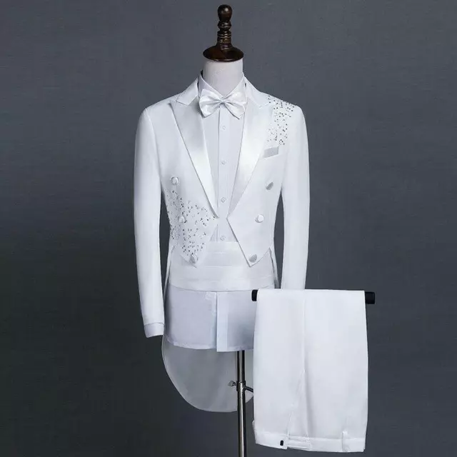 Mens Peak Lapel Tailcoat Suit Pants Set Formal Dress Wedding Tuxedo Party Blazer