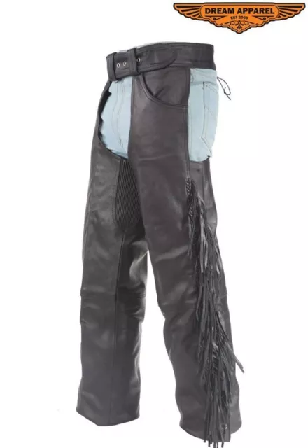 Unisex Black Cowhide Leather Motorcycle Touring Biker Chap W/  Fringe & Braid