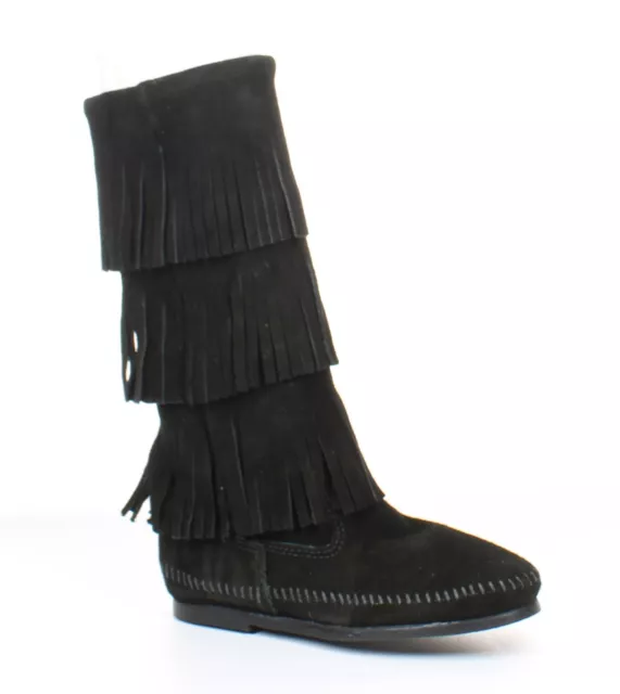 Minnetonka Womens 3 Layer Fringe Black Moccasin Boots Size 6 2