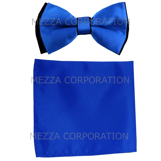 New Men's Pre-tied Bowtie And Hankie Set Two Tone Formal Party Royal Blue Black