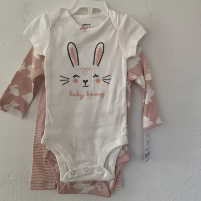 Carters Baby Girl 3 Piece Pink And White Bunny Set Size 3 months