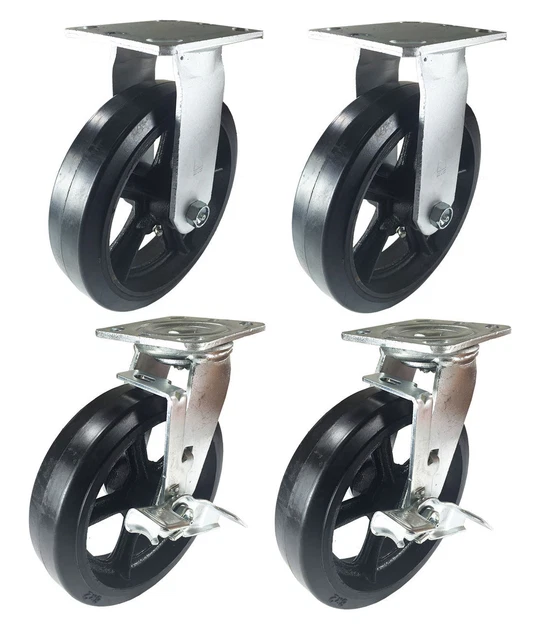 4 Heavy Duty Caster Set 8" Rubber on Cast Iron Wheels Rigid Swivel and Brake