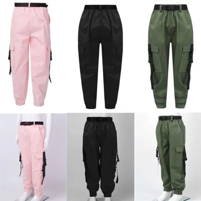 Kid Girls Cotton Cropped Trousers Pure Color Cargo Pants Casual Dungarees Pants