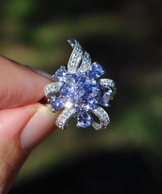 10k Solid Gold Natural Tanzanite & Diamond Ring Swirl Flower Gem Cluster 1" Long