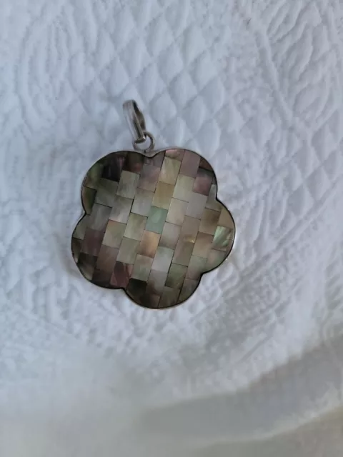 Vintage Inlaid Mother of Pearl Large Pendant in 925 by SJ
