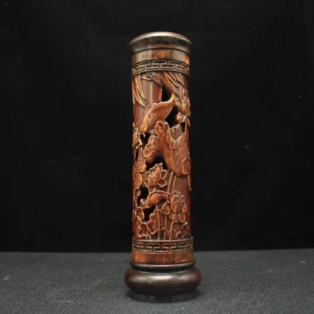 Collect old wood carved lotus and fish statue figure netsuke incense burner tube