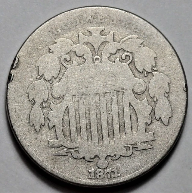 1871 Shield Nickel - US Key Date 5c Coin - L36