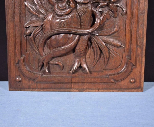*French Antique Deeply Carved Oak Wood Panel with & Fish Hunting Salvage 6