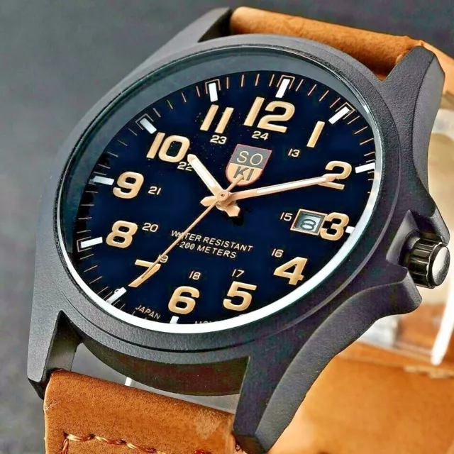 Men’s Watch Military Leather Date Quartz Analog Army Casual Dress Wrist Watch