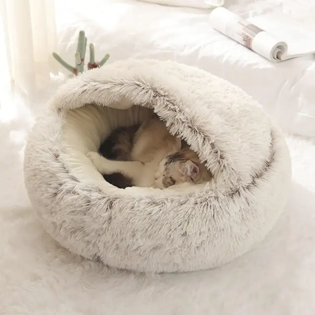 Cat Bed Cave Round Plush Fluffy Hooded Pupy Bed Donut Self Warming Pet Dog Bed