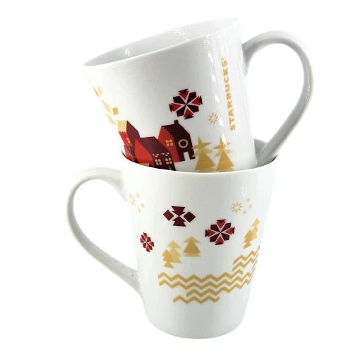 Starbucks 2013 Holiday Mugs, Set of 2, Red Houses, Christmas Winter Coffee Cups