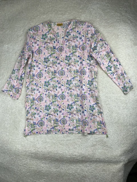 Roberta Roller Rabbit Womens Tunic Top L Cotton Lightweight Floral Beaded Detail