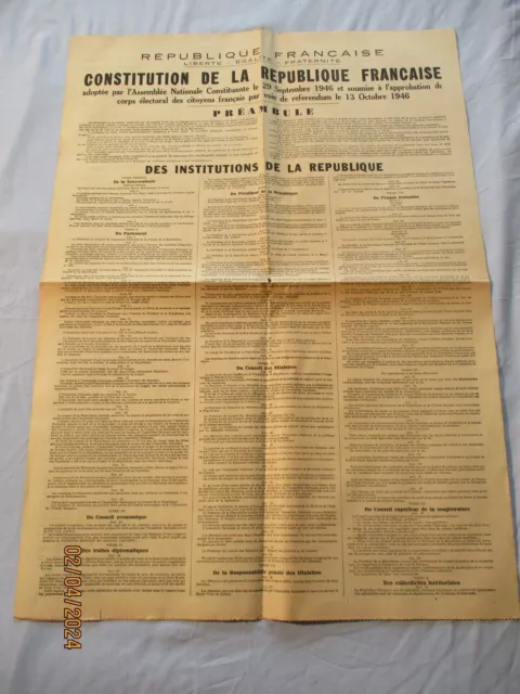 1946 Affiche CONSTITUTION de la REPUBLIQUE FRANCAISE  format  42 x  60 recto ver