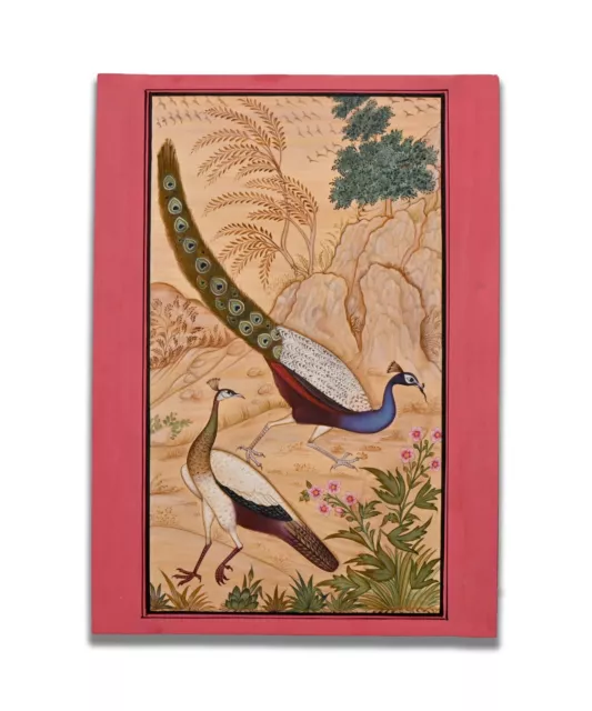 Paon Couple Oiseau Fait à la Main Peinture Miniature Oiseau Art Sur Papier