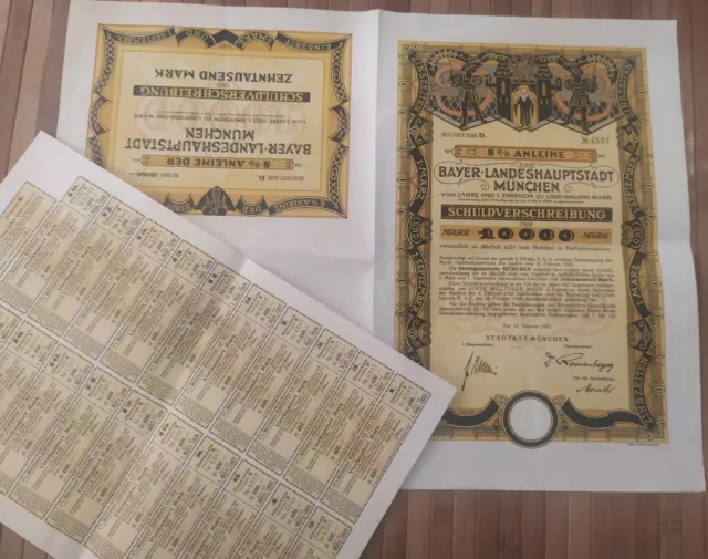 Germany 1923 Stadtrat Bayer Munchen 10.000 Mark Coupons Bond Anleihe Loan Share