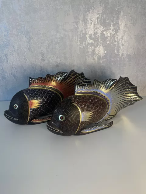 2  Vintage hand painted wood carved tropical fish